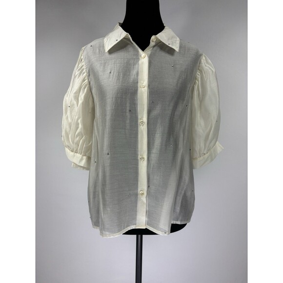 Bailey 44 Sheer Button Down Cream Medium Rhinestones Sparkle Short Puff Sleeve - Picture 1 of 9